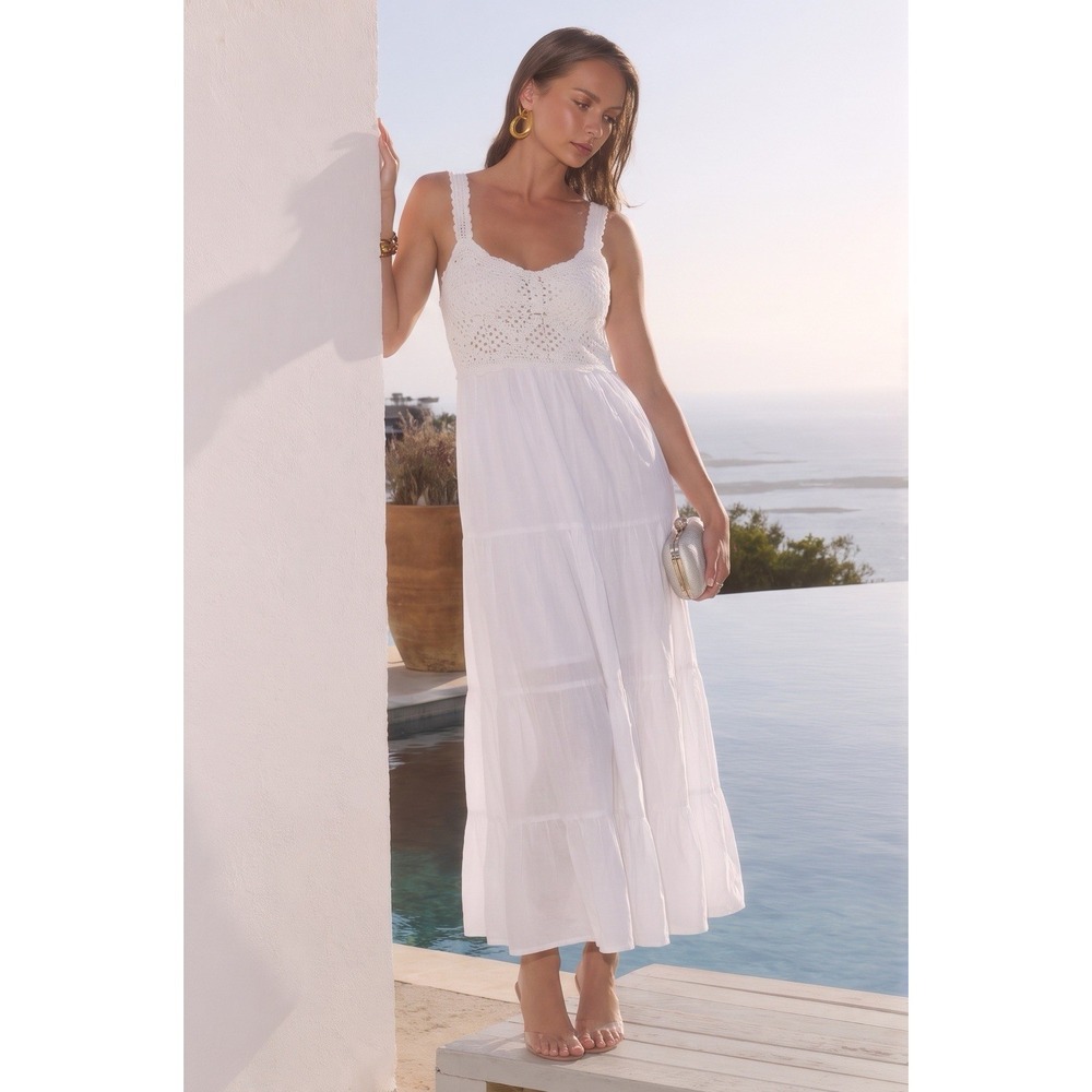 J Gee Crochet Top Tiered Maxi Dress Women's XL White Summer Dress Vacation